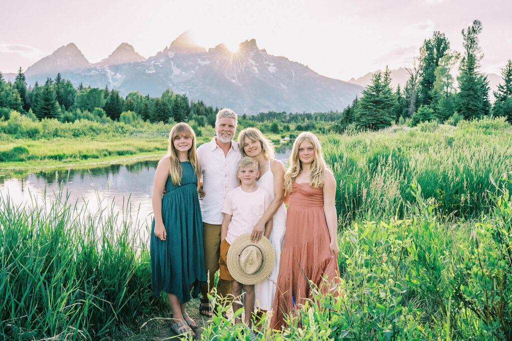Schwabacher Landing Grand Teton National Park mountains river reflections sunset family portrait