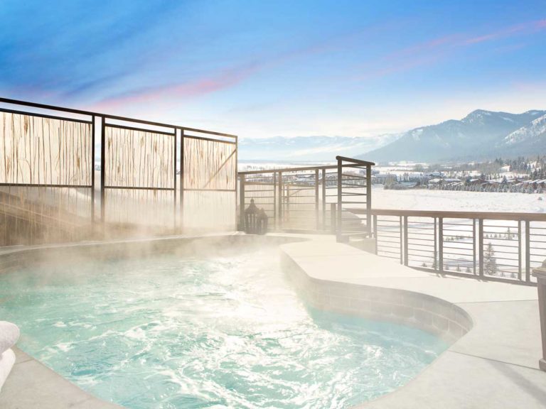 best spa in Jackson Hole, outdoor pool at the Chill Spa at Hotel Terra, the Chill Spa at Hotel Terra, Grand Teton background