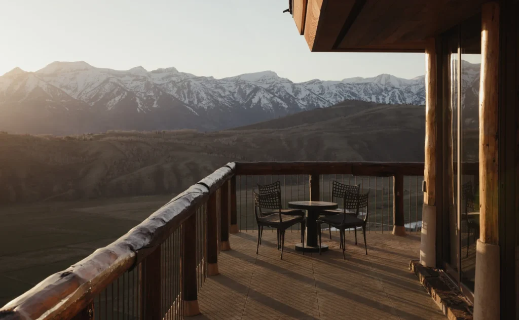 Amangani in Jackson Hole, snow topped mountains from the porch view overlooking the Tetons, family friendly lodges and resorts in Jackson Hole, top lodges in Jackson Hole,