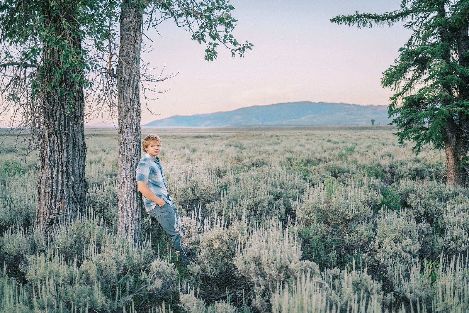 A high school senior in a blue plaid shirt leans against a tree on the edge of a prairie after succeeding with tutoring in Jackson, WY