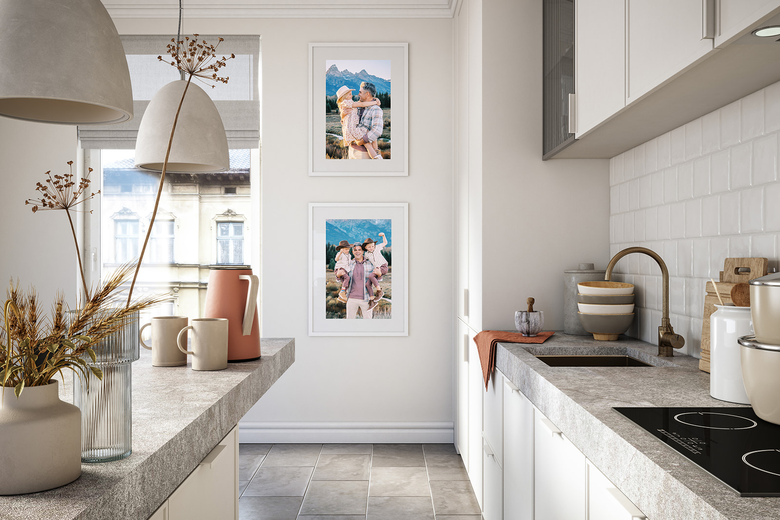 A modern kitchen interior with fine art portraits of dad and kids on the wall
