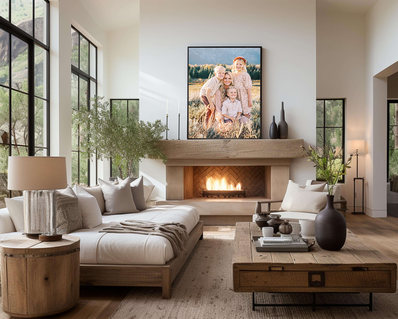 A mom learned how to display your family portraits and mounted her favorite photo with kids above her living room fireplace
